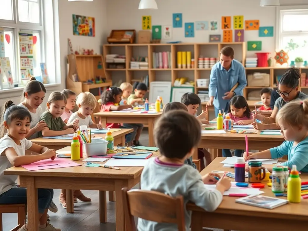 A colorful image showing participants of all ages engaged in an arts and crafts workshop, with tables filled with materials and instructors guiding the activities, highlighting the educational aspect of CLARK YOUR HANSD's programs.