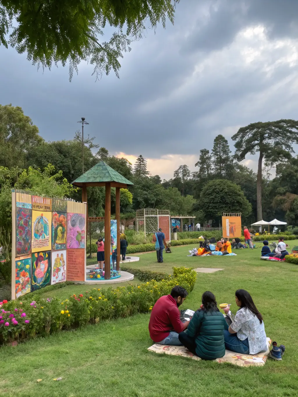 A photograph of volunteers setting up an outdoor art exhibition in a public space, showcasing CLARK YOUR HANSD's dedication to making art accessible and engaging for all members of the community.