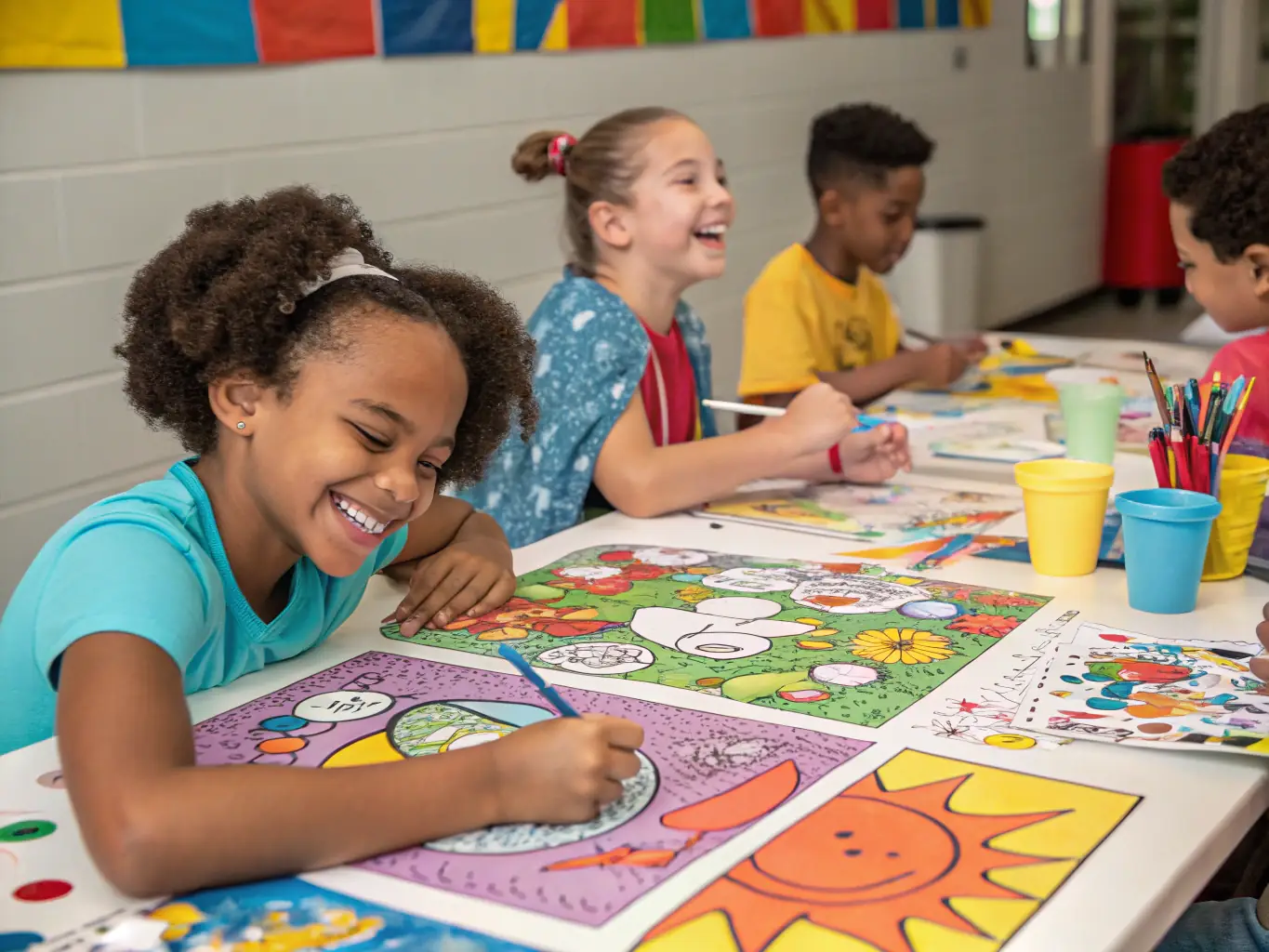 A colorful image showing participants of all ages engaged in a hands-on arts and crafts workshop, with tables covered in art supplies and finished projects, highlighting the joy of learning and creating together.