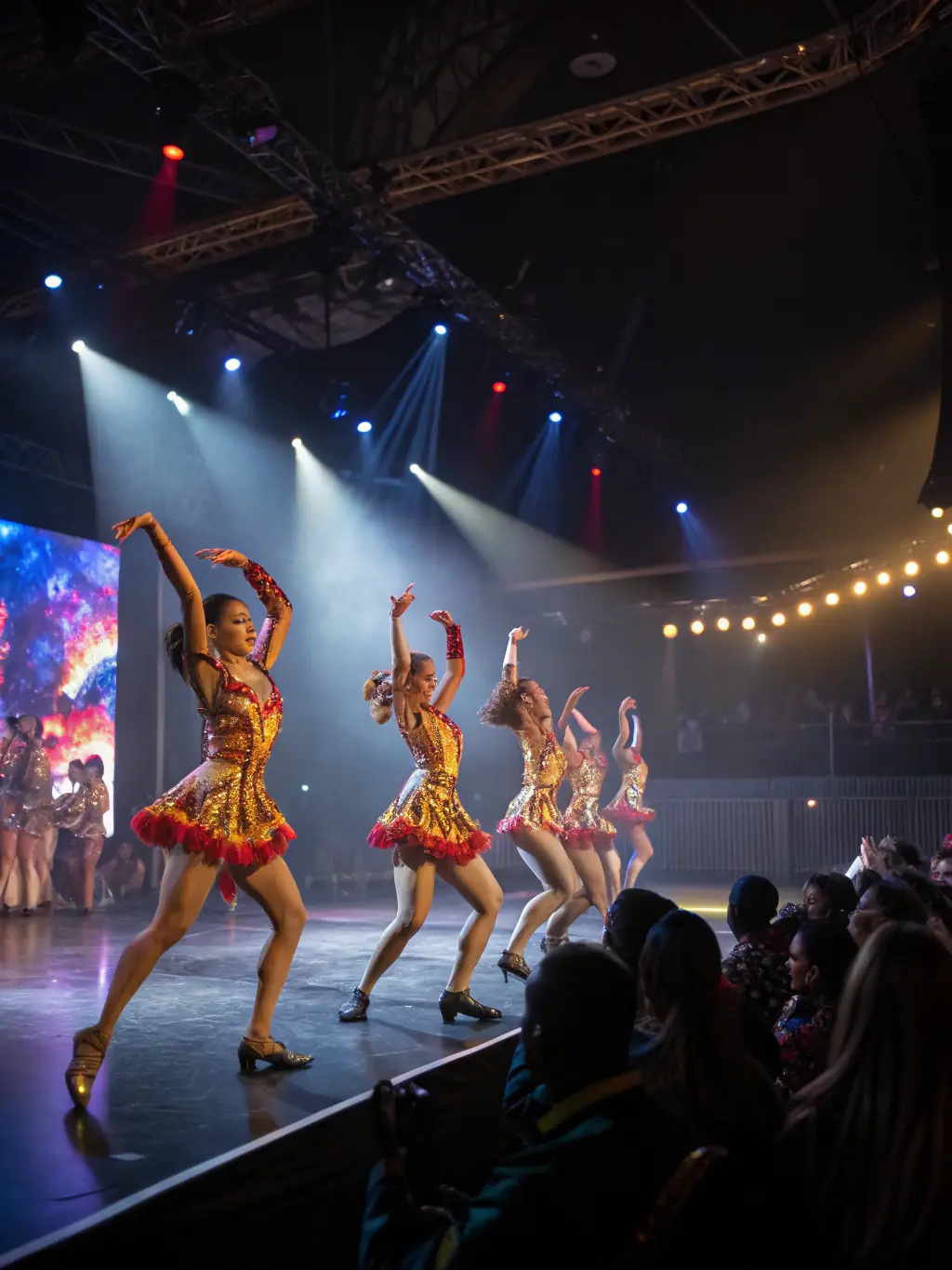 An energetic scene of a local dance troupe performing on stage during a community event, with an engaged audience in the background.