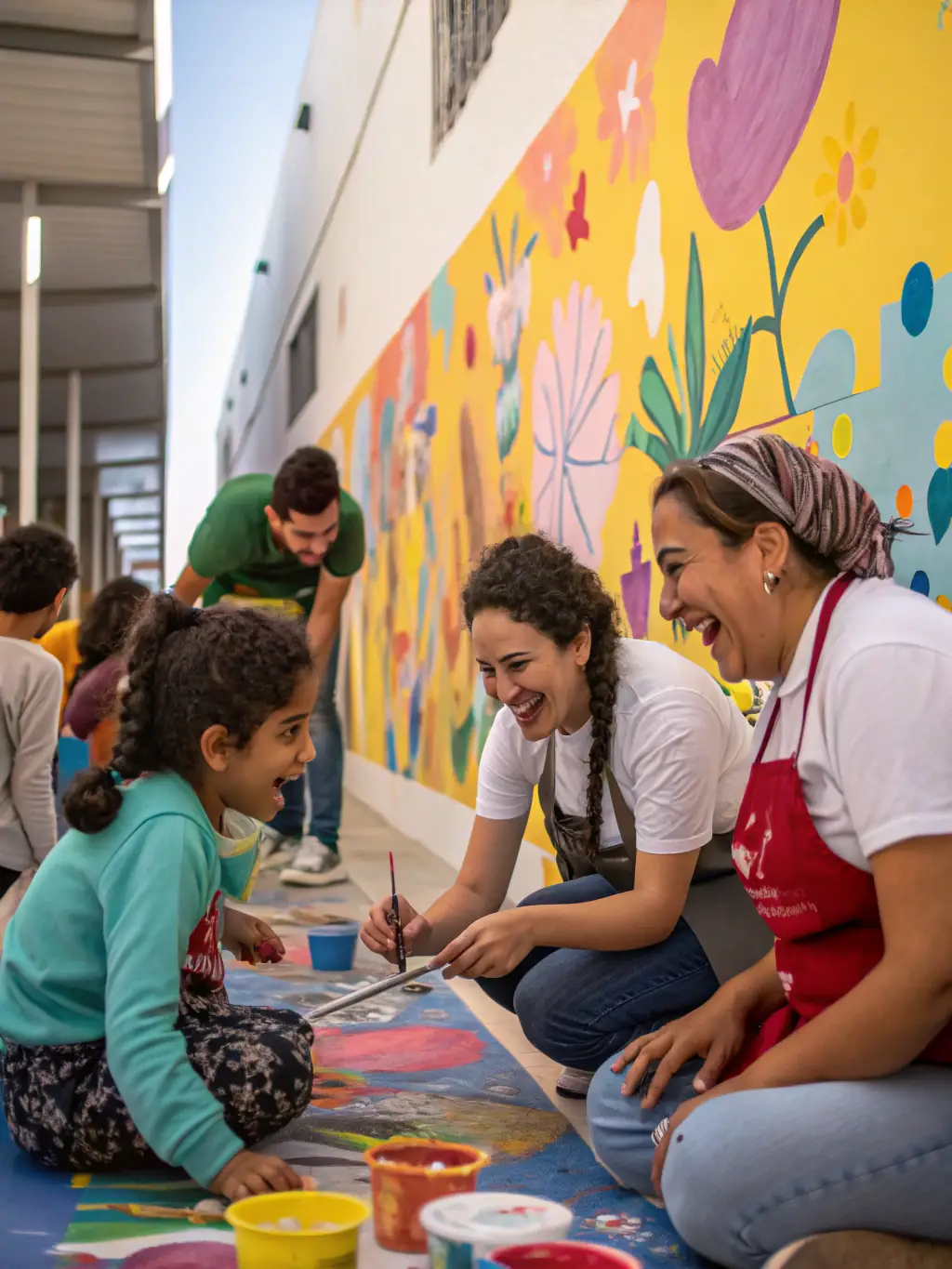 A group of children and adults engaged in a hands-on painting workshop led by an instructor in a community center.