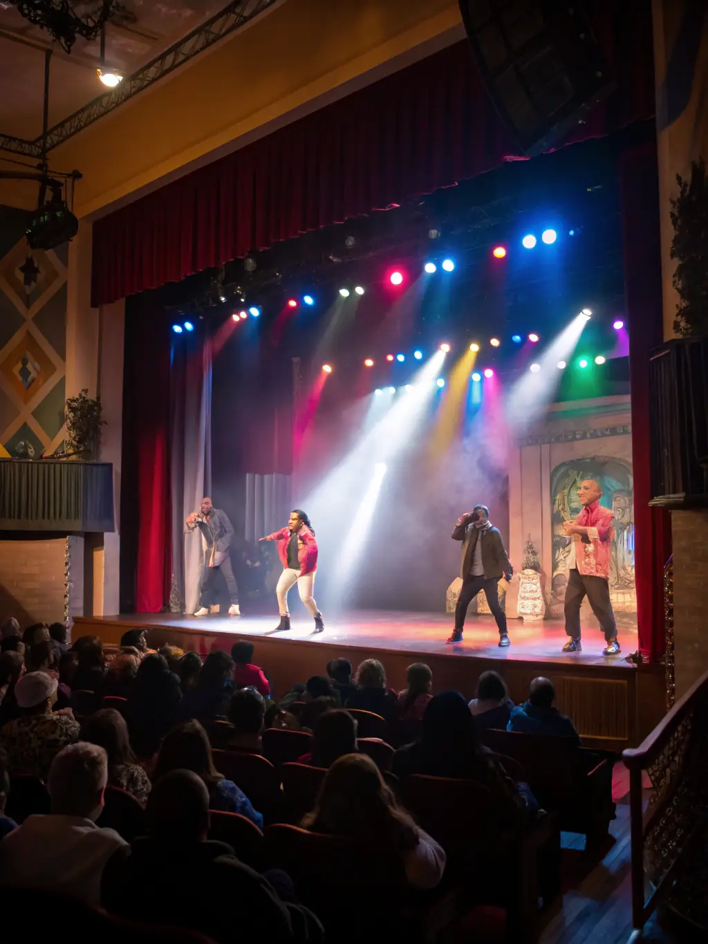 A vibrant photograph capturing a community theater performance organized by CLARK YOUR HANSD, showcasing actors on stage with enthusiastic audience members in the background, highlighting the organization's commitment to accessible arts.