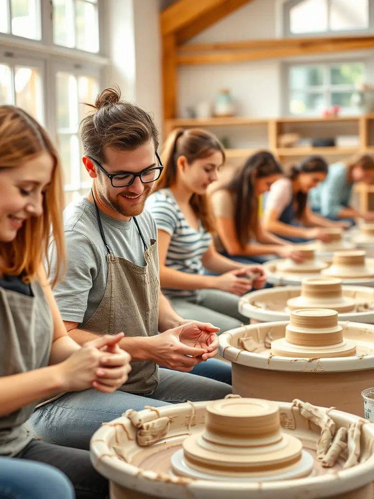 A group of diverse participants engaged in a hands-on pottery workshop organized by CLARK YOUR HANSD, demonstrating the organization's focus on skill development and cultural preservation.