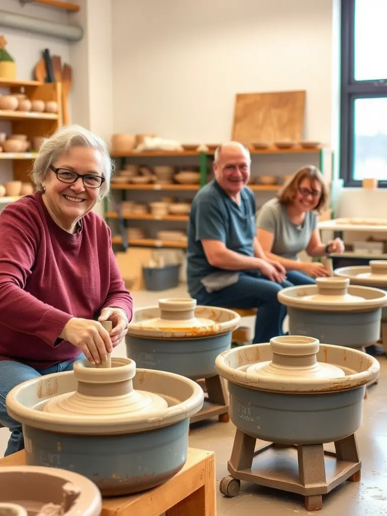 A group of senior citizens participating in a pottery class, smiling and focused on their creations.