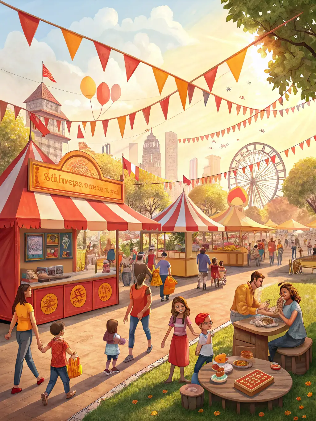 A lively outdoor festival with diverse community members participating in art installations, music, and food stalls.