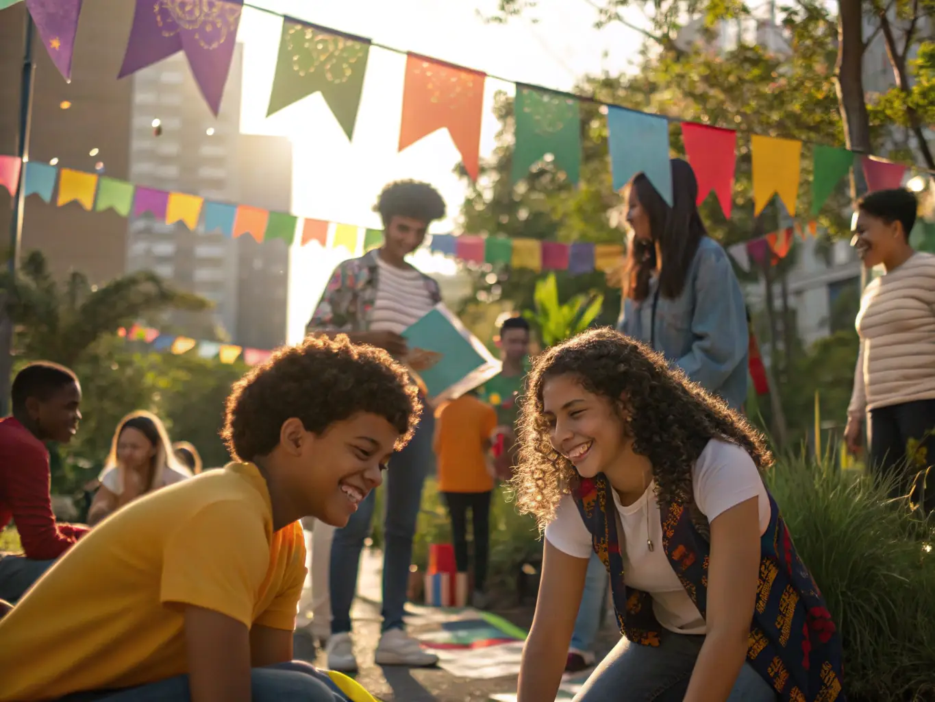 A lively image of a community festival, featuring diverse groups of people participating in various activities, such as dancing, eating, and creating art, illustrating the spirit of unity and celebration.
