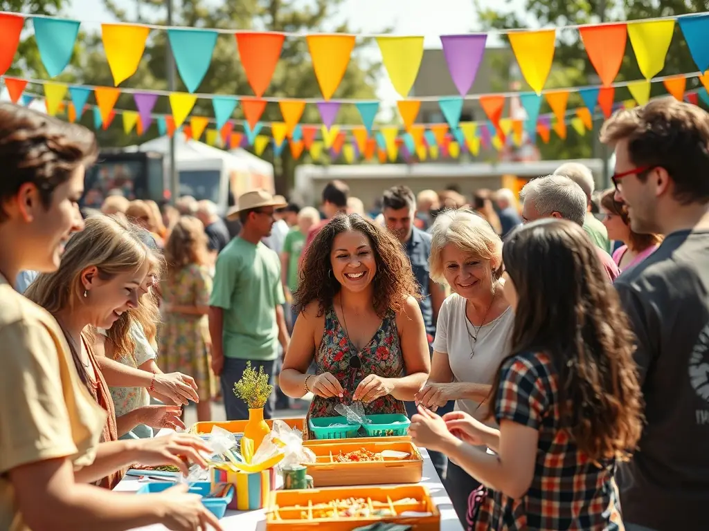A lively image capturing an inclusive community festival organized by CLARK YOUR HANSD, featuring diverse participants, colorful decorations, and engaging activities.