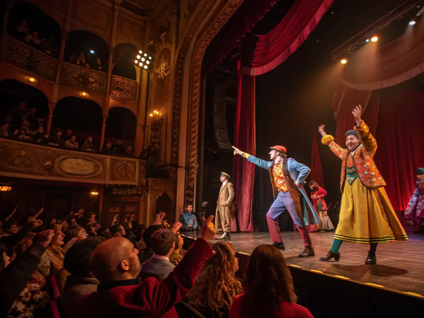 A vibrant image depicting a community theater performance, showcasing actors on stage with enthusiastic audience members in the background, capturing the energy and excitement of a live event organized by CLARK YOUR HANSD.